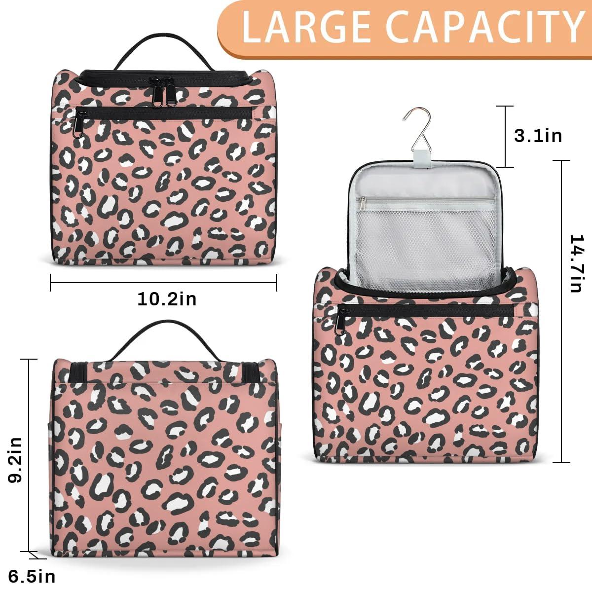 OMFUNS OMFUNS Dark Pink Leopard Print Hanging Toiletry Bag Wash Makeup Bag for Women Men Travel Cosmetics Bag Shaving Bag Organizer Kit for Accessories, Cosmetics, Travel Essentials