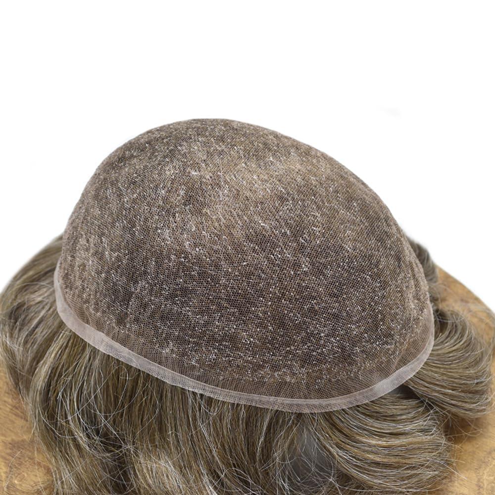 PUNRU HAIR PUNRU HAIR Full French Lace Human Hair System for Men Black Brown Blonde Hair Toupee for Mens Hair Replacement System Bleached Knots Hairpiece 8"X10" #640 Light Brown with 40% gray-100% density