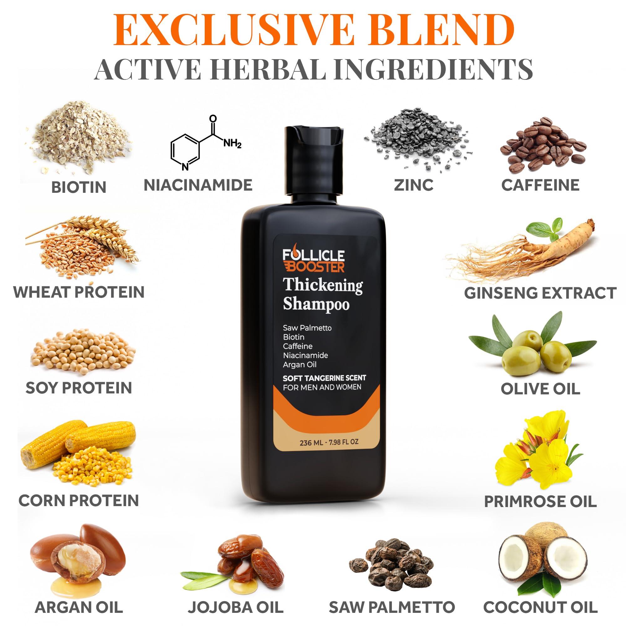 FOLLICLE BOOSTER Biotin Hair Growth Shampoo for Men and Women - Thickening Treatment for Thinning Hair - Natural and Vegan DHT Blocker for Hair Loss - Caffeine, Saw Palmetto, Niacin, Argan Oil
