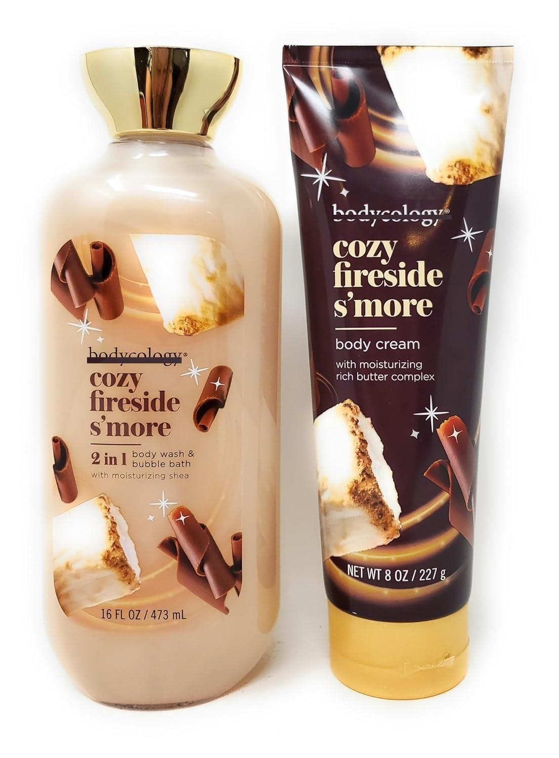 Bodycology Cozy Fireside S\'more 2 in 1 Body Wash & Bubble Bath 16 fl oz & Cozy Fireside S\'more Butter Body Cream 8 oz (Pack of 2)