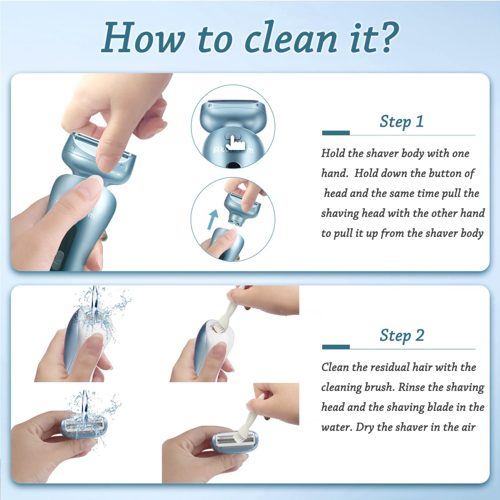 Akunbem Akunbem Electric Razors for Women for Legs Bikini Trimmer Electric Shaver for Women Underarm Public Hairs Rechargeable Womens Shaver Wet Dry Use Painless Cordless with Detachable Head (Blue)