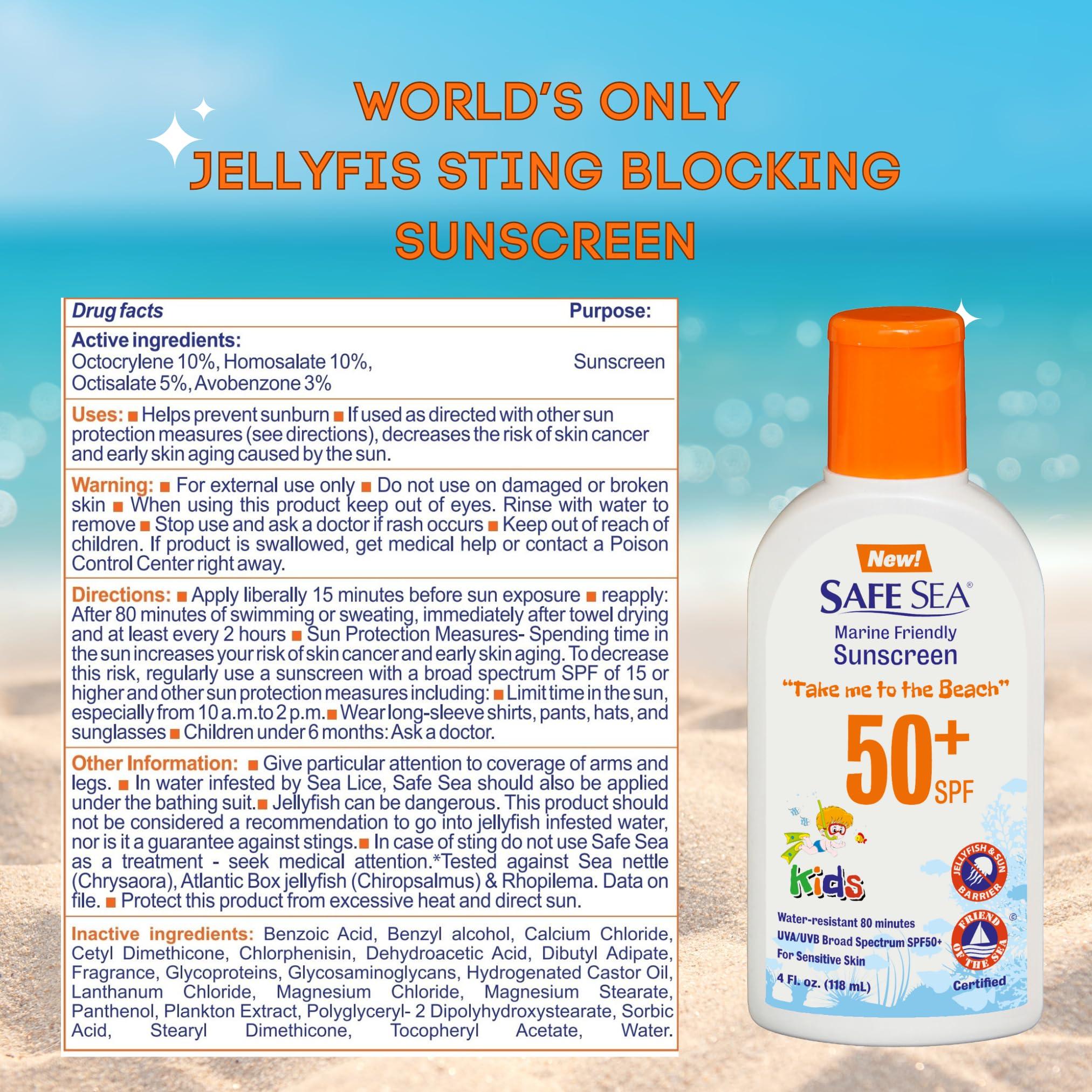 SAFE SEA Safe Sea Jellyfish Sting-Blocking Sunscreen for Kids, SPF 50+ Lotion 4oz, Waterproof, Biodegradable, Coral Reef-Safe – Body and Face Sunscreen, Anti-Jellyfish and Sea-Lice sting protection.