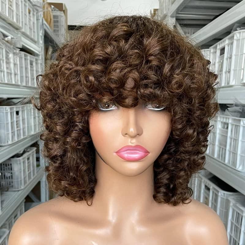 100% human hair Human Hair Curly Wig With Bangs Glueless Short Bob Wigs Curly Wig For Black Women Quality Wig Machine Made Wig With Bangs (8 inches, #2) (8 inches, Color 2)