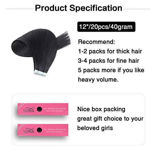 SUYYA SUYYA Tape in Hair Extensions Human Hair Jet Black 100% Real Human Hair 12 inches 20pcs 40g/pack Straight Seamless Skin Weft Tape in Hair Extensions(12 inches #1 Jet black)