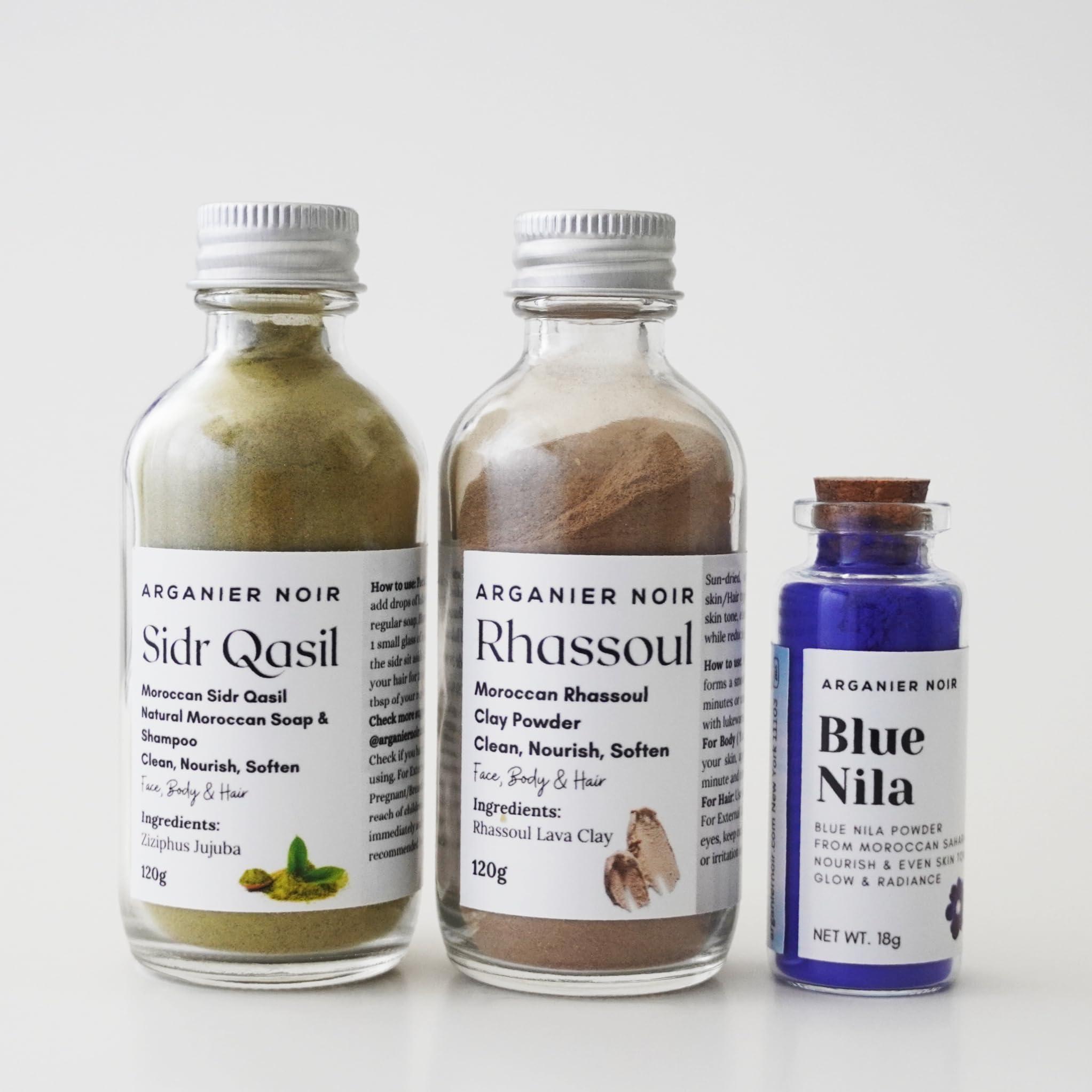 Arganier Noir Arganier Noir Moroccan Ancient Beauty Rituals Set of 3 most used skin care in Morocco for centuries Ghassoul Clay, Blue Nila Powder and Qasil Sidr Powder for Skin and Hair.