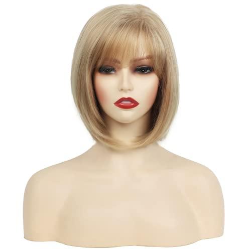 RENERSHOW RENERSHOW Short Blonde Pixie Bob Wig with Bangs Mixed Blonde Wigs for White Women Straight Hair Synthetic Wigs for Daily Party