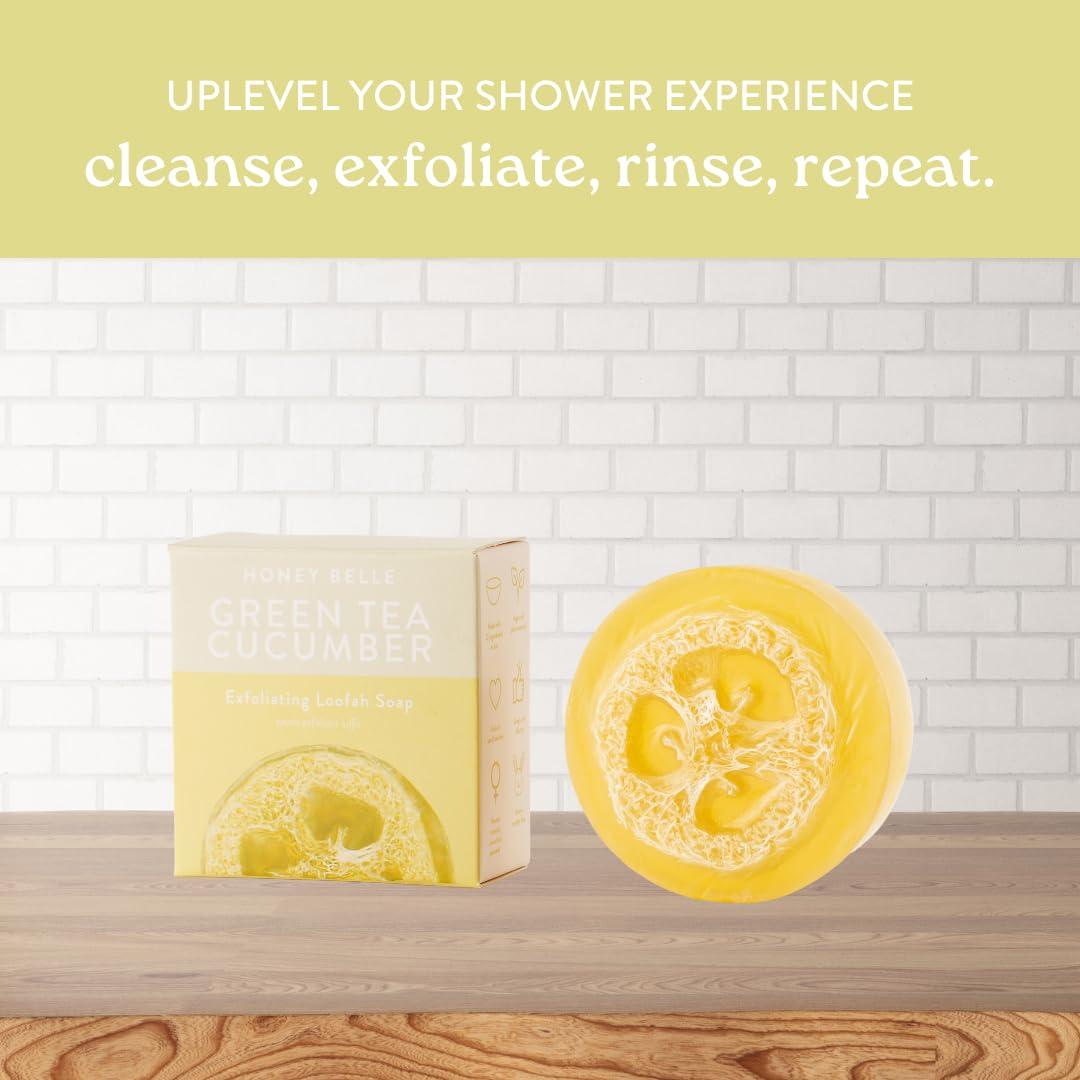 Honey Belle Honey Belle Green Tea Cucumber Exfoliating Loofah Soap 2-Pack - Exfoliating Bar Soap with Loofah Inside - Cleansing, Moisturizing, Nourishing, Scrubby Soap - Plant-Based, Eco-Friendly, Vegan