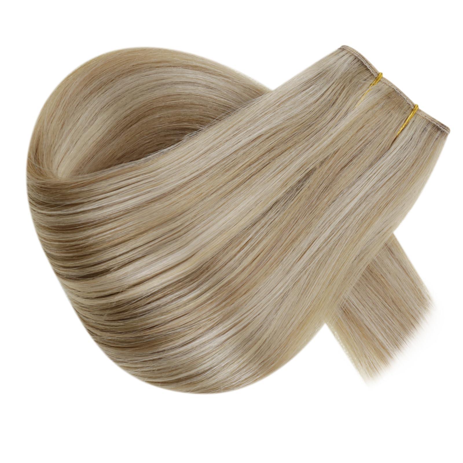 RUNATURE RUNATURE Wire Human Hair Extensions Dark Blonde Highlight Golden Blonde Fish Wire Hair Extensions Real Human Hair Invisible Wire Hair Extensions 16 Inch 80g