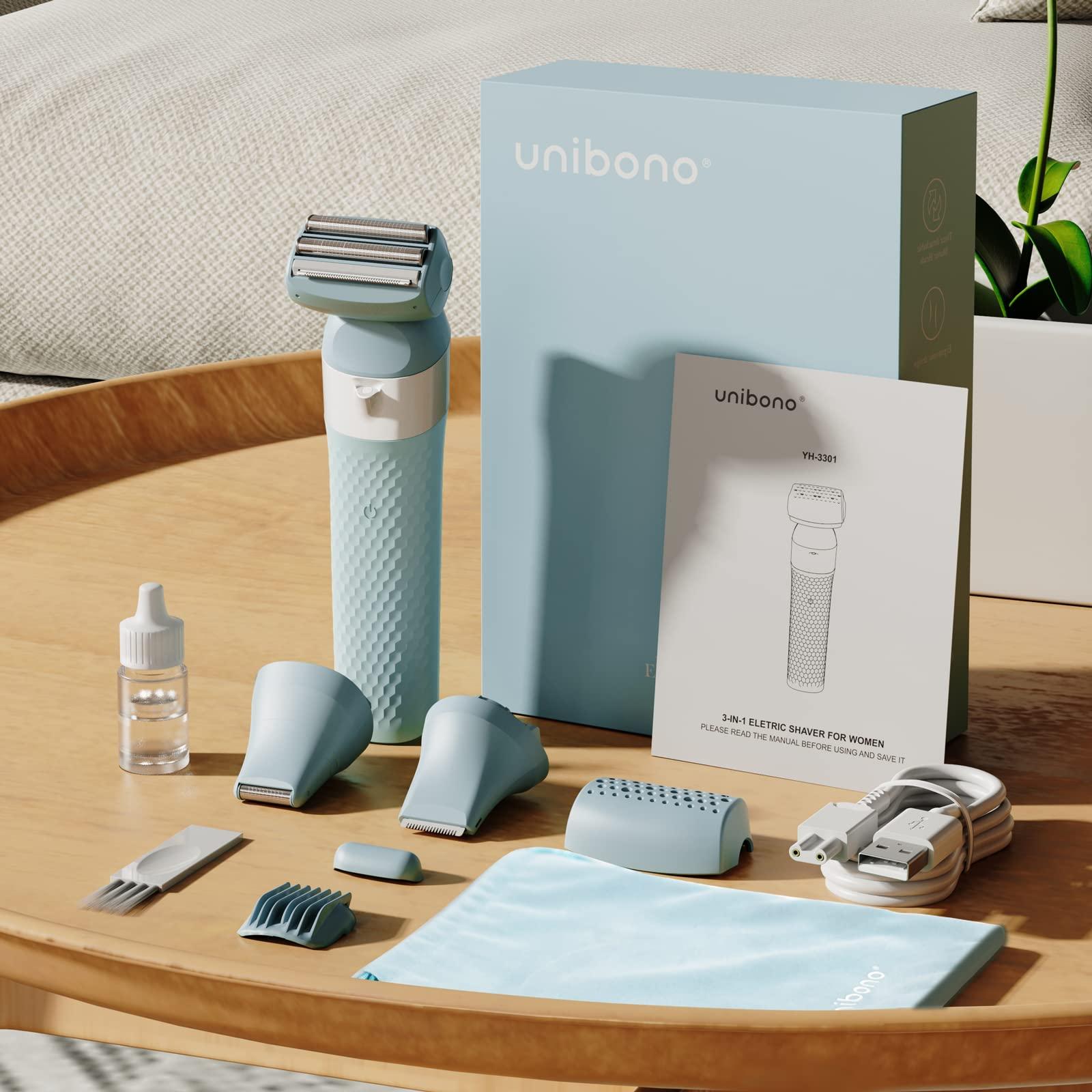 unibono unibono 3-in-1 Electric Razor for Women,Dual-Foil Electric Shaver for Woman Face,Legs,Armpit,Rechargeable Bikini Trimmer,3-,Intimate Shaver with Illumination,Public Hair Trimmer Women (Light Blue)
