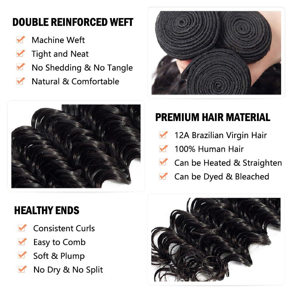 YOCYTU 12A Deep Wave Human Hair Bundles 26 28 30 Inch Brazilian Deep Wave Curly Bundles Human Hair 3 Bundles 100% Unprocessed Virgin Remy Wet and Wavy Human Hair Weave Bundles Deals Natural Black