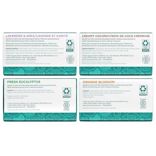 Tom\'s of Maine Tom\'s of Maine Bar Soap Variety Pack, Natural Bar Soap for Women and Men, Lavender & Shea, Fresh Eucalyptus, Creamy Coconut, Orange Blossom, 5 oz Bars (4-Pack)