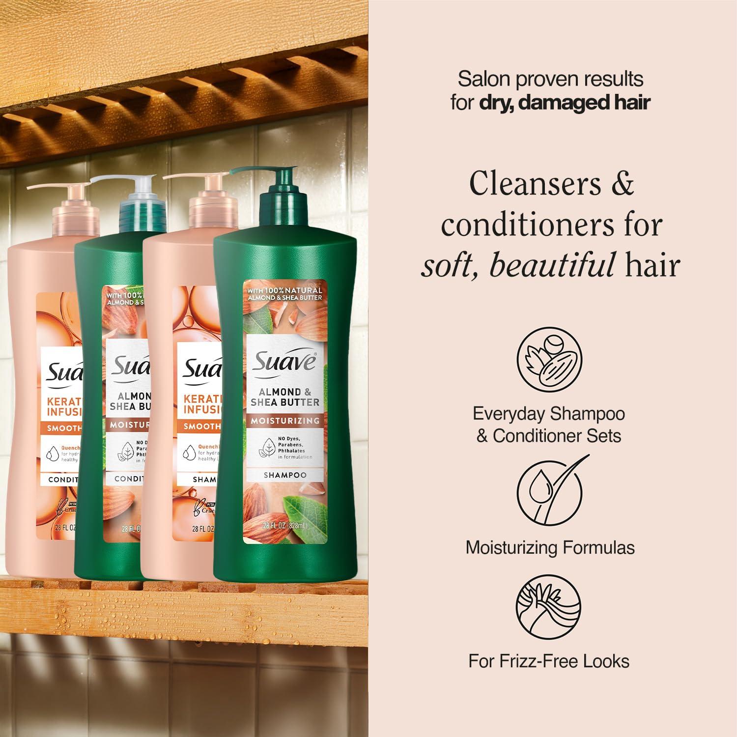 Suave Suave Shampoo and Conditioner Set, Keratin Infusion + Almond & Shea Butter Frizz Control and Moisturizing Hair Care Bundle, 28 Oz Ea (4 Piece Set)