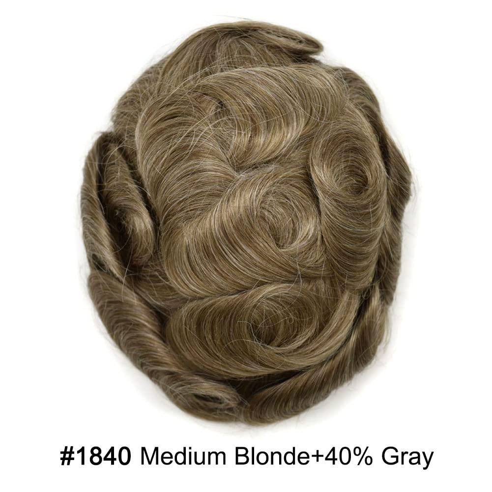Generic Toupee For Men Hair Piece Real Human Hair Replacement System Full Poly Skin Mens Toupee Hairpieces Men Hair Prosthesis Units Protesis Capilar8X10Medium light density#1840 18# MEDIUM BLONDE+40% GREY