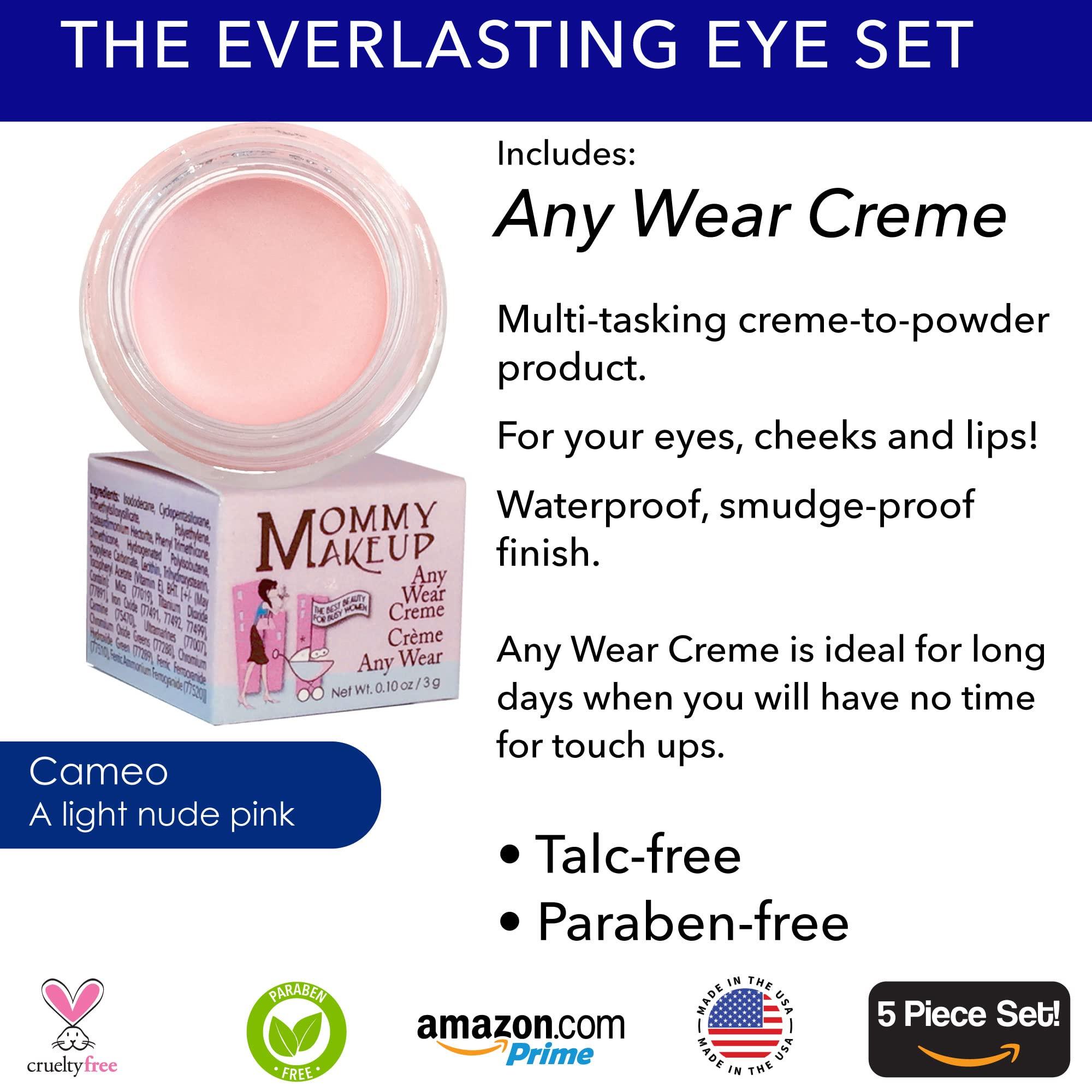 Mommy Makeup The Everlasting Eye 5 Piece Waterproof Makeup Set. Gel Eyeliner, Creme Eyeshadow, 2 brushes and Mesh Bag. Paraben-free, Talc-free, Cruelty-free. Cameo/Chocolate Kiss 2302
