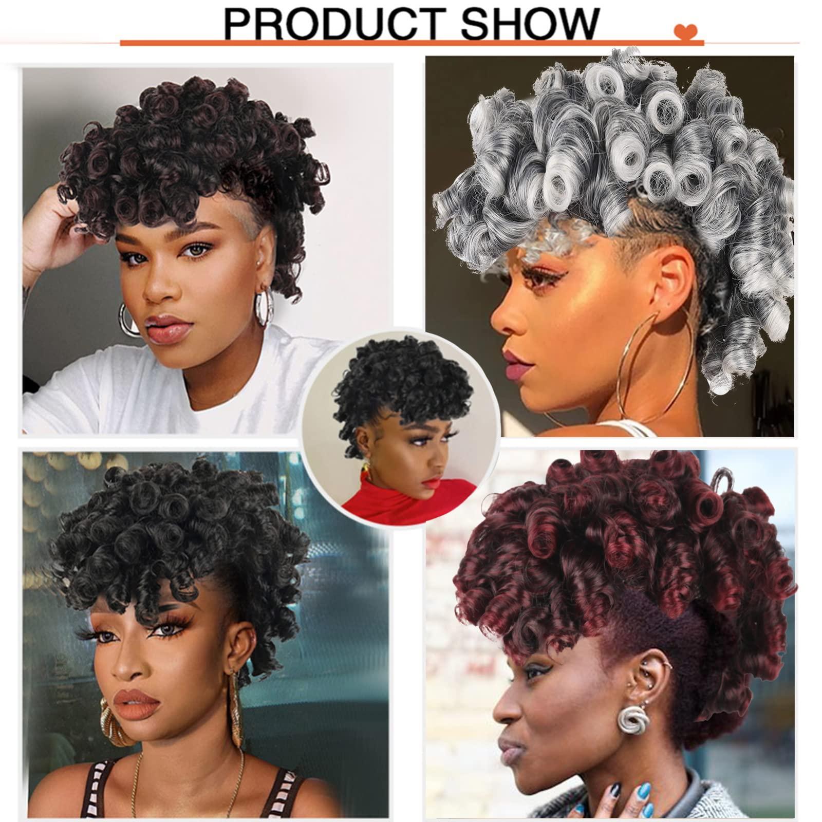 Oseti Oseti Deep Curl Mohawk Wig with Bangs for Black Women Short Mix Gray Hair Wig, Afro Faux Hawk Clip in Hair Pieces for Women with Thinning Hair wig Clip on Faux Bangs Fake Hair Ponytail (1B/Gray)