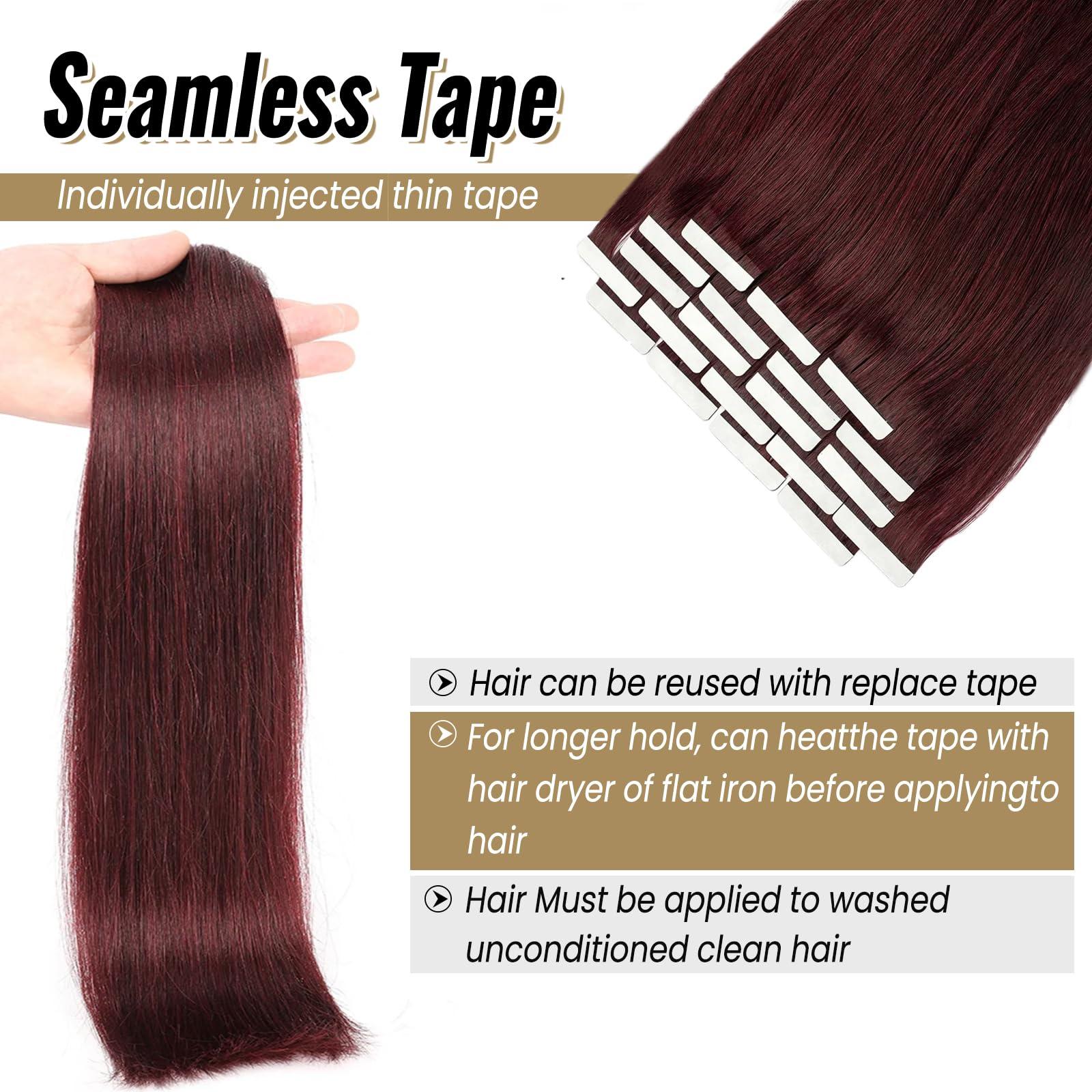 Munx Wine Red Tape in Hair Extensions Human Hair Invisible Hair Extensions Tape in Burgundy Tape in Extensions Real Hair Seamless Tape in Human Hair Extensions 22 Inch #99J 20pcs 60g