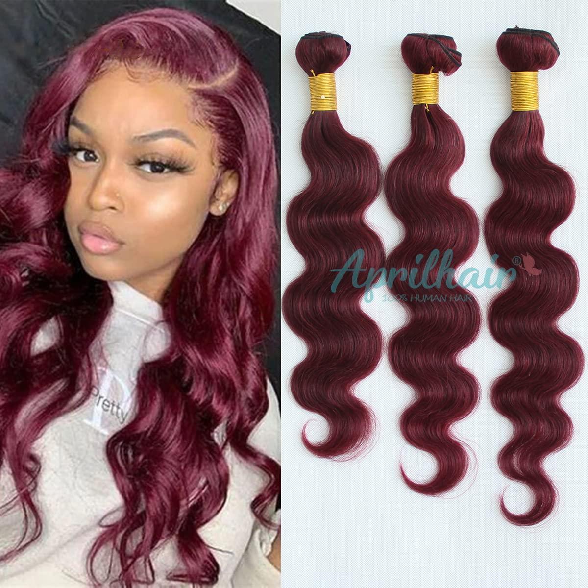 Aprilhair Aprilhair 8A Machine Double Weft Raw Brazilian Virgin Human Hair Extensions Wine Red #99J Body Wave 3 Bundles (14'' 16'' 18'', 99J bundles)