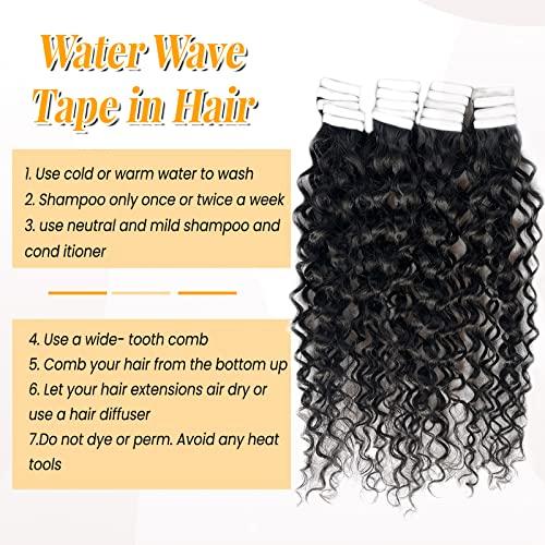 Valiilo Curly Tape ins Human Hair Extensions Water Wave Remy Hair Tape in Extensions Invisible Double Sided Skin Weft 20pieces 50gram Seamless Natural Black Wavy Tape for Hair Extensions 14 Inch