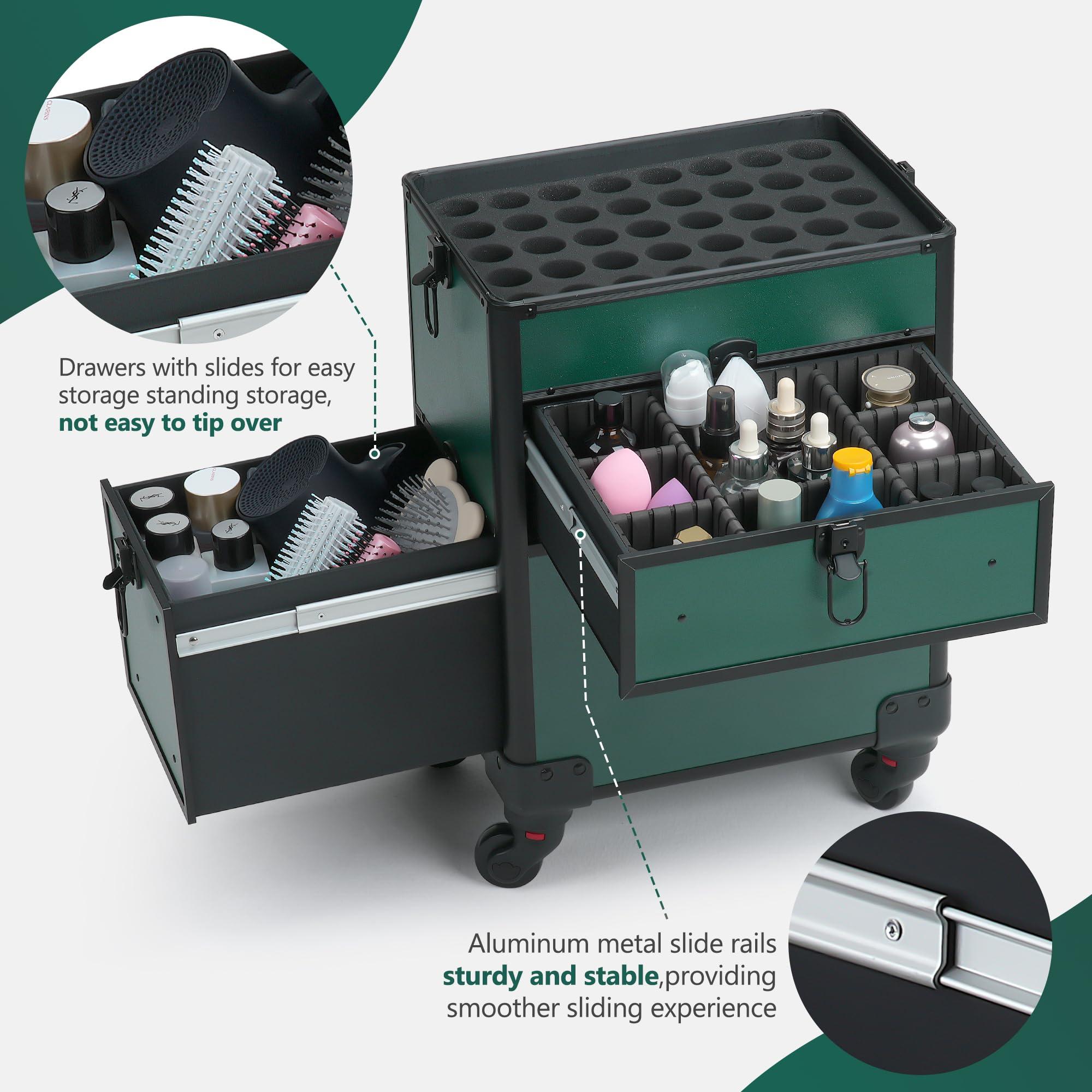 Somduy Somduy Rolling Makeup Case with Drawer, Makeup Train Case, 4 in 1Cosmetology Case on Wheels, Christmas Gift, Large Makeup Case Organizers, Profesional Cosmetic Case for Salon Barber, Green