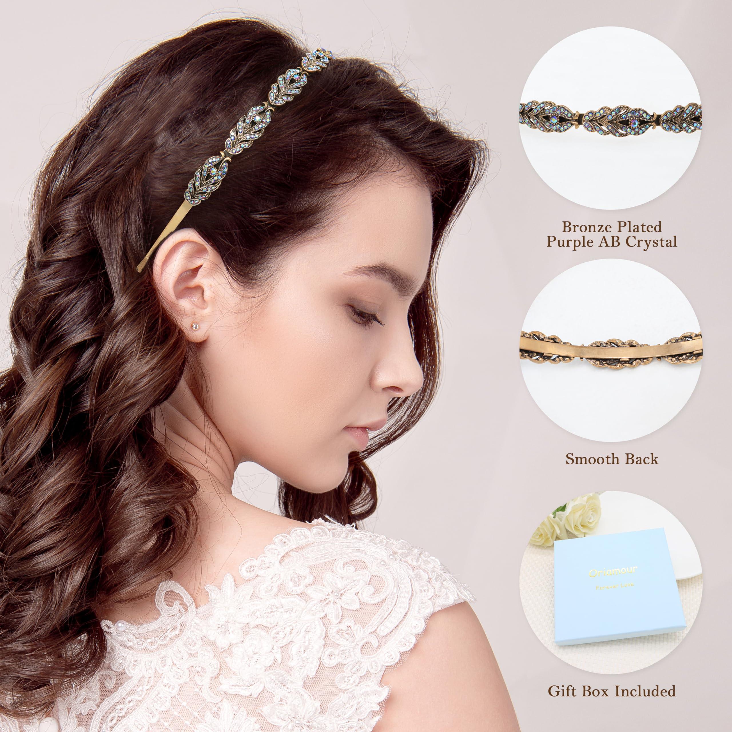 Oriamour Oriamour Flower Design Rhinestone Crystal Wedding Headband Bridal Headpieces Simple Design Bridal Headband (Bronze Purple AB)