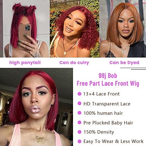 SFD 99J Burgundy Lace Front Wigs Human Hair Bob Wig 13x4 HD Lace Frontal Short Bob Human Hair Wigs for Black Women Human Hair Pre Plucked Natural Hairline Wine Red 8 inch