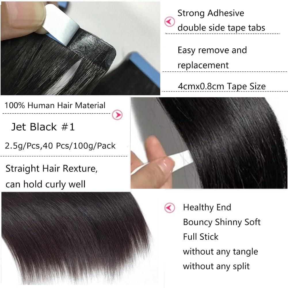 Kiss darling LASHES Jet Black Tape in Hair Extensions Human Hair 22Inches 100g 40Pcs/Pack Tape ins Human Hair Extensions Real Tape in Extensions Full Head for Women #1 Color
