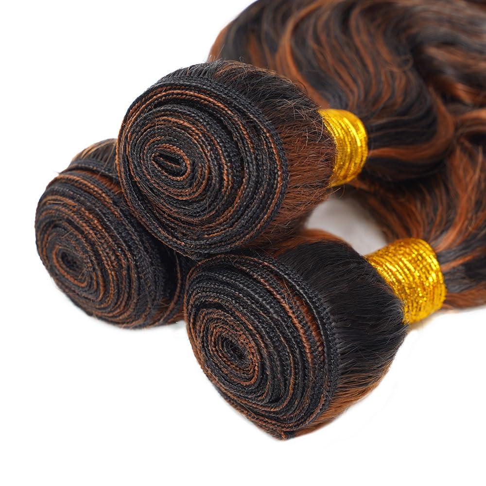 Seeuiegam P1B/30 Highlight Body Wave Bundles Brown Human Hair Bundle Real Brazilian Virgin Brown Body Wave 3 Bundles Two Tone Black and Brown Bundle Double Weft Hair Extensions 14 16 18 Inch