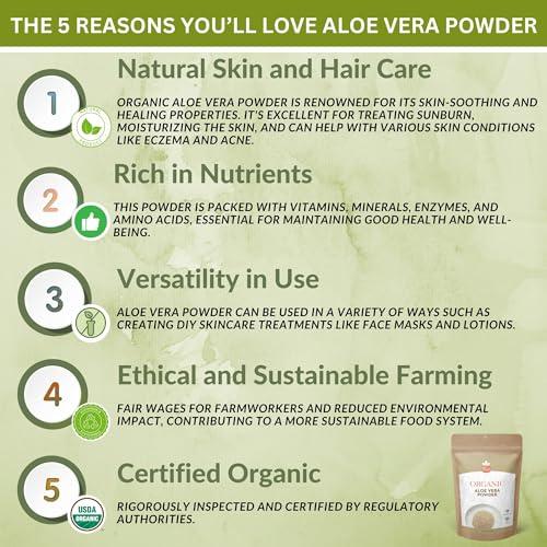 SPICY ORGANIC Organic Aloe Vera Powder for Skin & Hair 16 oz. - Aloe Barbadensis - Nourishing Face Mask for Natural Beauty, USDA Certified Organic & Non-GMO
