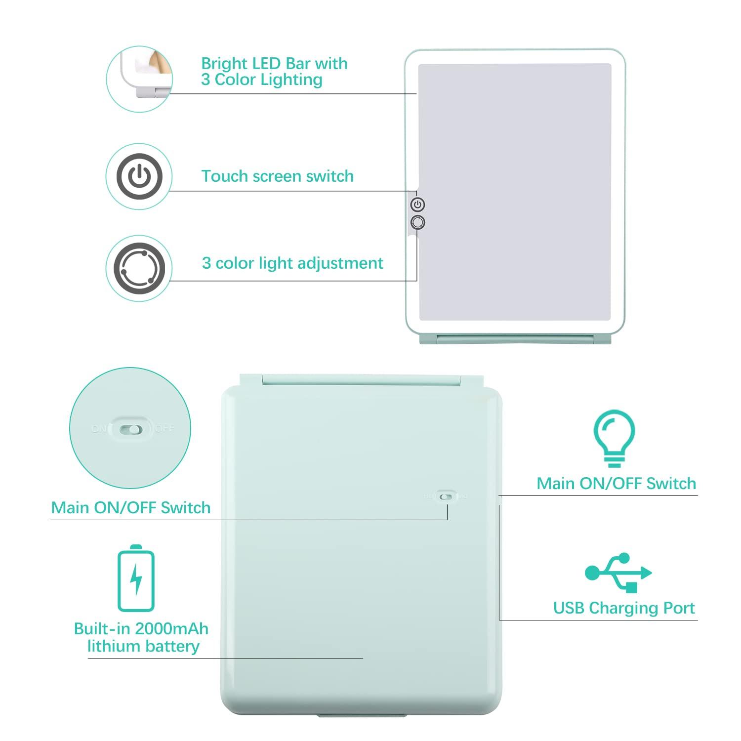 KDKD KDKD Folding Travel Mirror Lighted Makeup Mirror with 72 LEDs 3 Colors Light Modes USB Rechargable 2000mA Batteries Ultra Thin Compact Vanity Mirror with Touch Screen Dimming for Cosmetic Green