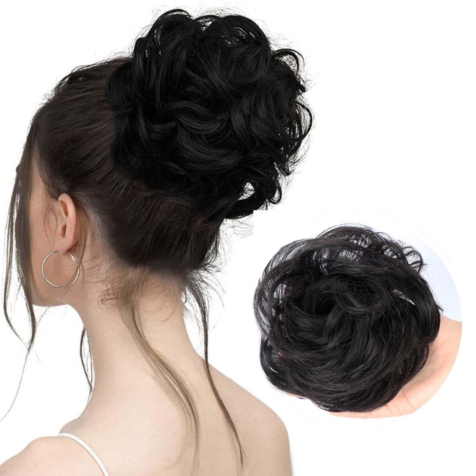 YOSILADY YOSILADY Messy Bun Hair Piece Human Hair Natural Black Hair with Elastic Band Scrunchies Stretchy Fluffy Chignon Ponytail Hairpieces Updos for Women Girls (Natural Black, Curly)