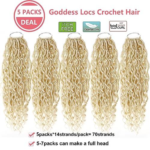 Ahrencan 613 Goddess Locs Crochet Hair,5 Packs 14 Inch Pre Looped Blonde Boho Goddess Faux Locs Crochet Hair With Curly Ends,Soft Hippie Locs Crochet Hair For Women Human Hair (14in,5packs, 613#)