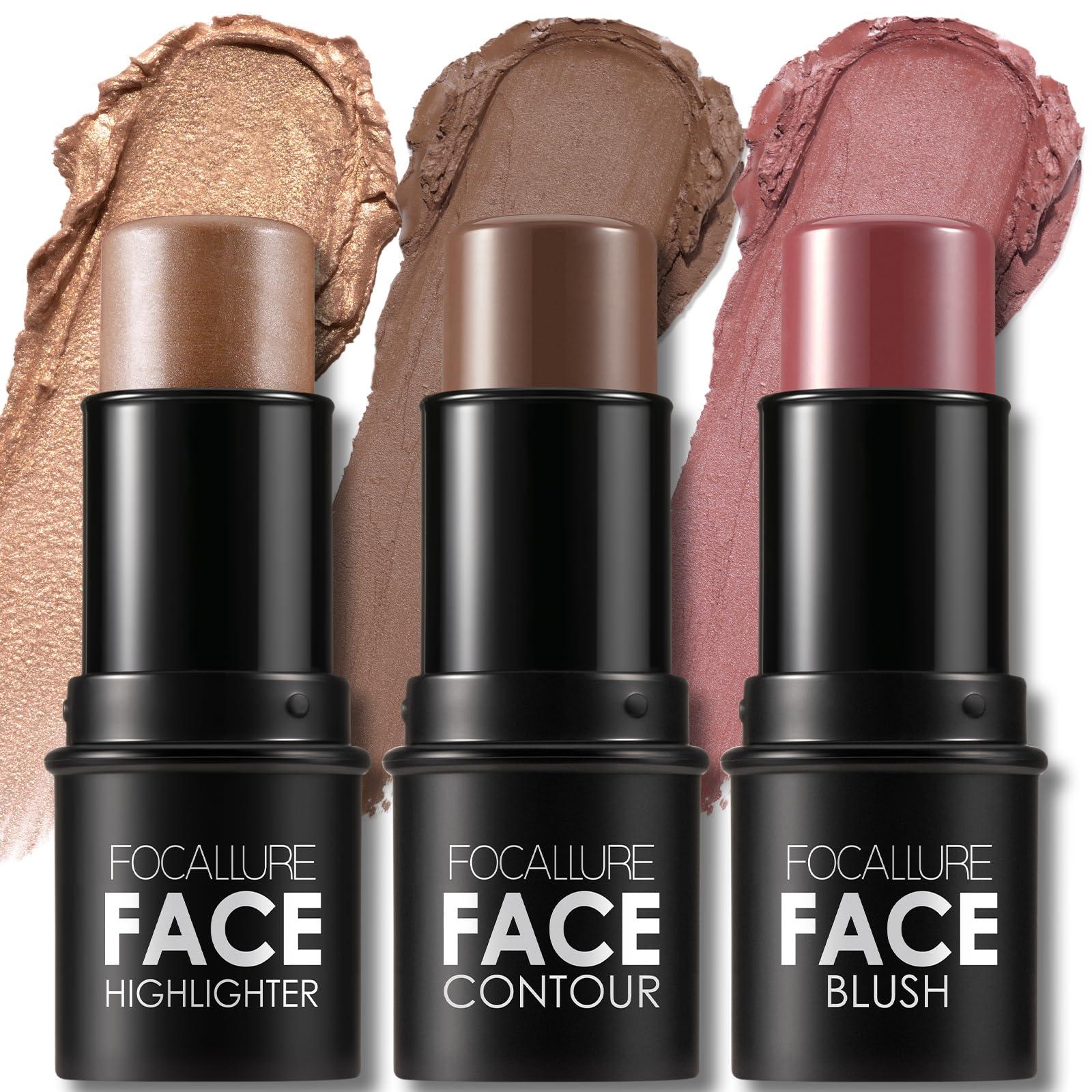 FOCALLURE FOCALLURE 3 Pcs Cream Contour Sticks,Shades with Highlighter & Bronzer & Blush,Non-greasy Long-wear Face Contouring Pen,Easy to Sculpt the Face and Create a Lightweight Finishing Makeup,MEDIUM-DEEP