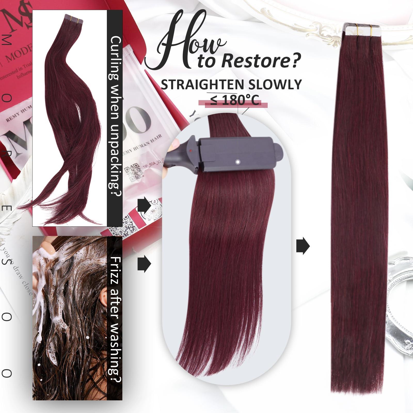 Moresoo Moresoo 40 Pcs Wine Red Tape in Hair Extensions Human Hair Invisible Tape in Extensions Burgundy Hair Extensions Real Human Hair Tape in Seamless Tape in Human Hair 18 Inch #99J 100g