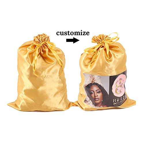 Ecojunmi Custom Printed Wig Storage Satin Bags with Drawstring, 20-100 Pcs/Lot Personalized Logo Silk Hair Bag For Hair Bundles Headband Wig Lace Wig, Pouches Gift Bags Cosmetic Bags (50Pcs/Lot, White)