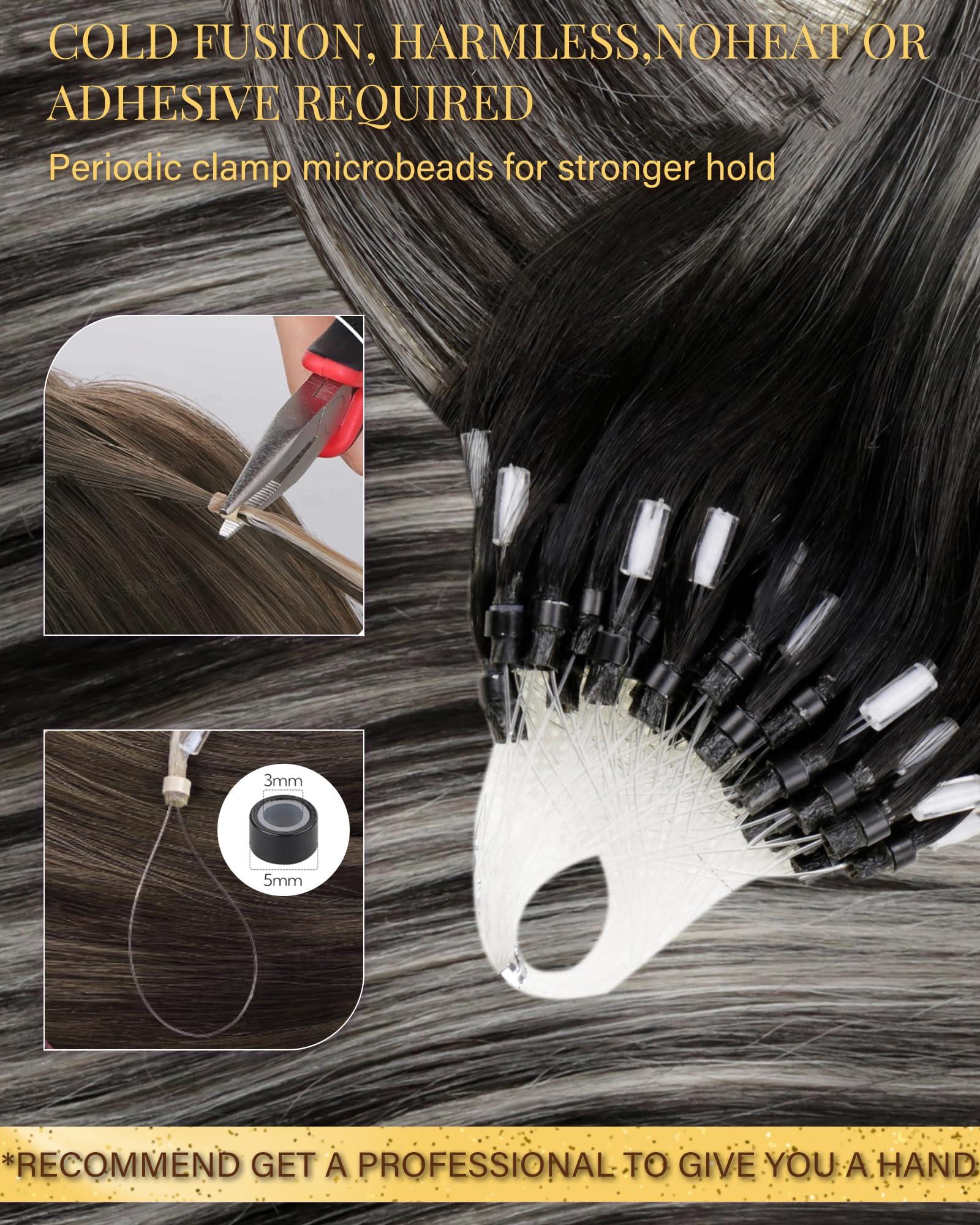 Hetto Hetto Micro Loop Hair Extensions Real Human Hair Ombre Black to Silver Remy Micro Beads Hair Extensions Natural Micro Link Hair Extensions Human Hair for Women 18 Inch 50g 50s