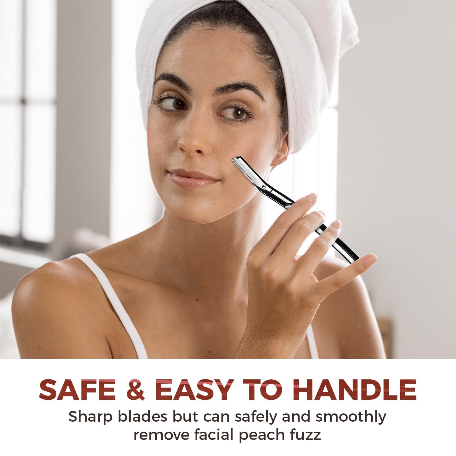 ZOMCHI ZOMCHI Eyebrow Razor and Face Razor for Women and Men, Reusable Metal Handle with 11 Refill Blades, Dermaplane Razor with Protective Silicone Cap, Eyebrow Hair Trimmer - Polished Silver