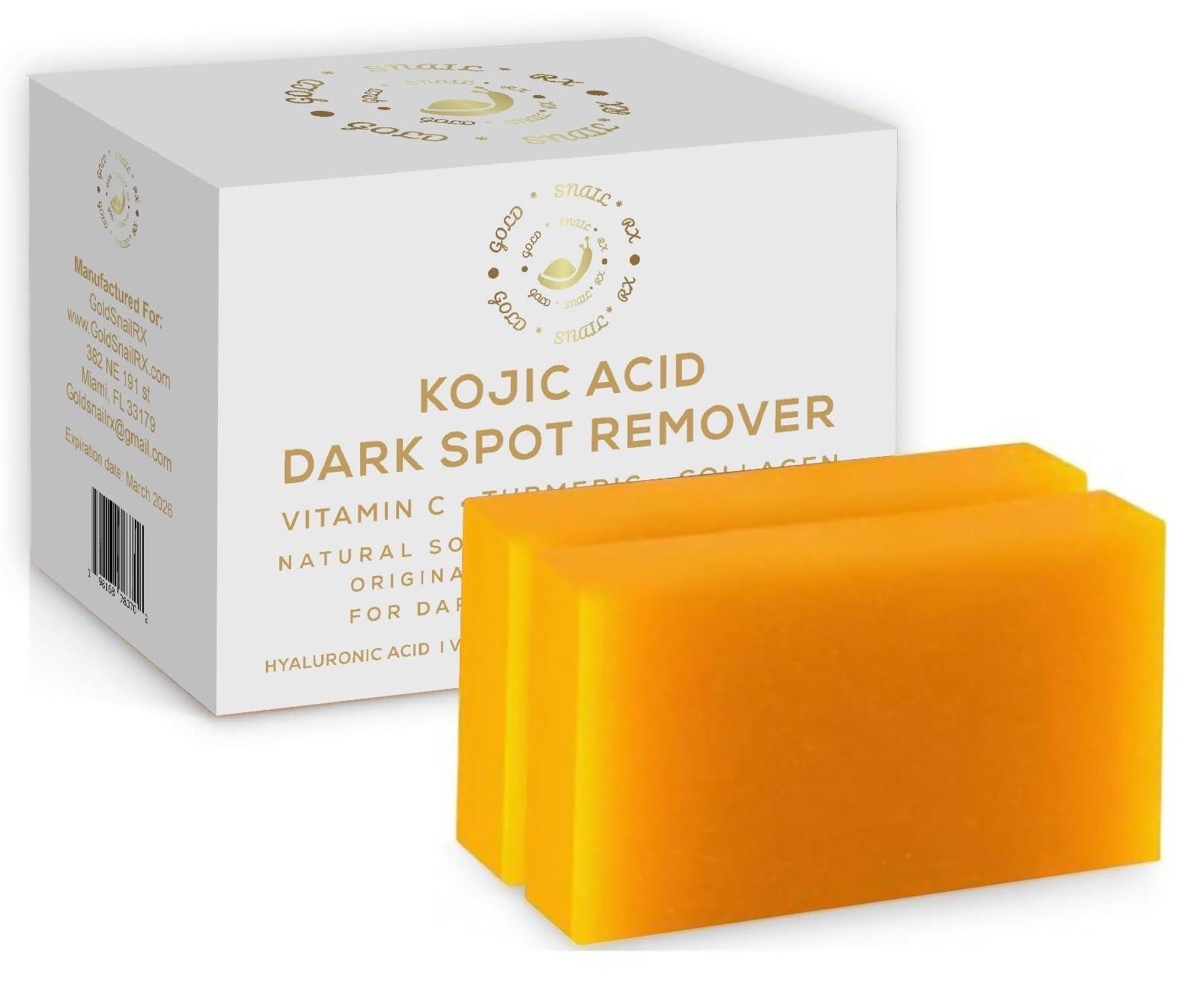 GoldSnailRX GoldSnailRX KOJIC ACID SOAP Original Dark Spot Remover (PACK OF 2 W/BAG) Authentic Kojic Acid Soap For Body Whitening-Kojic Acid Soap with Vitamin C,Tumeric, infused w/Hyaluronic Acid,Shea Butter