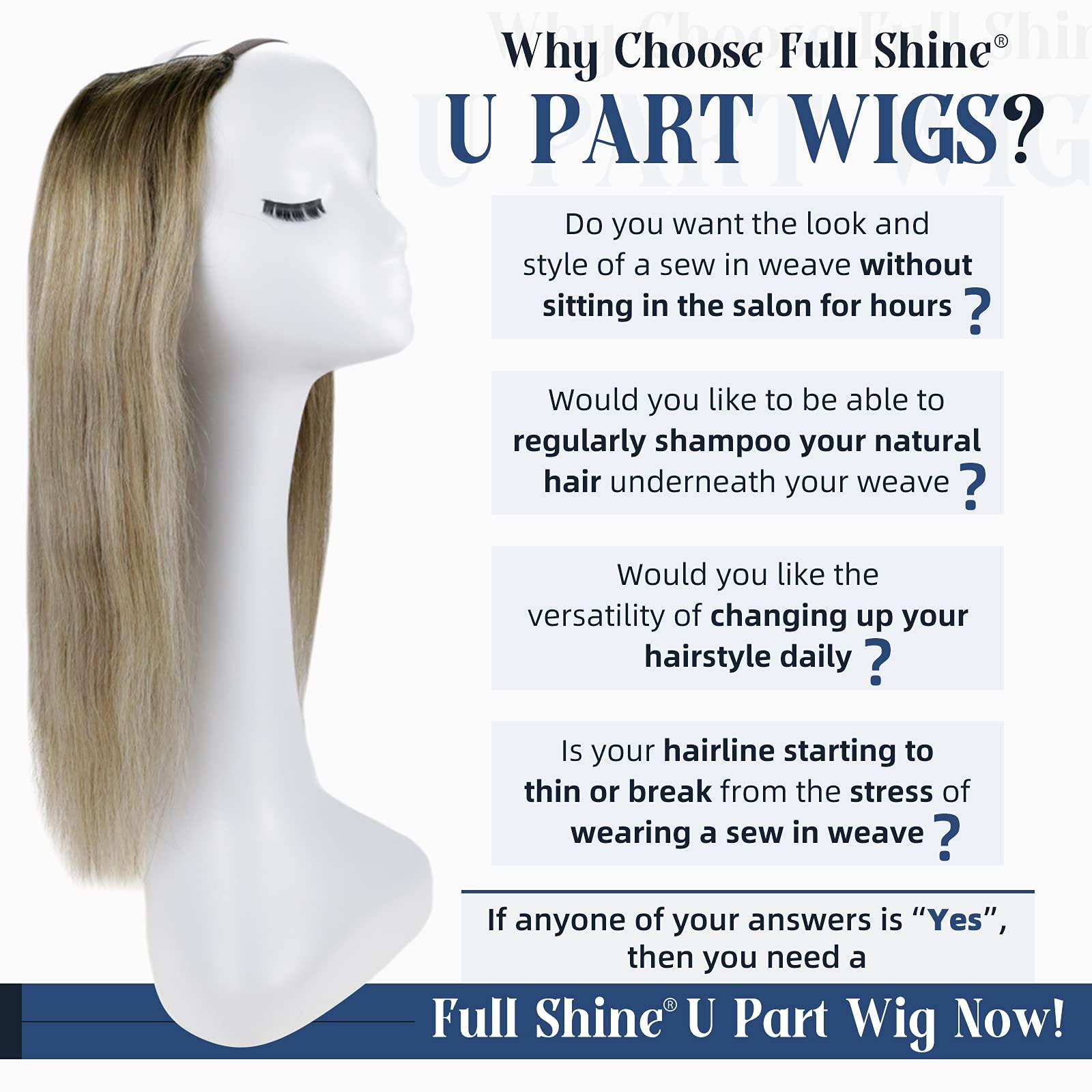 Full Shine Full Shine U Part Wig Human Hair Clip in Wigs Human Hair Highlighted U Part Wigs Real Hair U Shape Half Part Wig Straps Combs Brown Fading to Blonde Balayage Hair Wigs 120G 16 inch