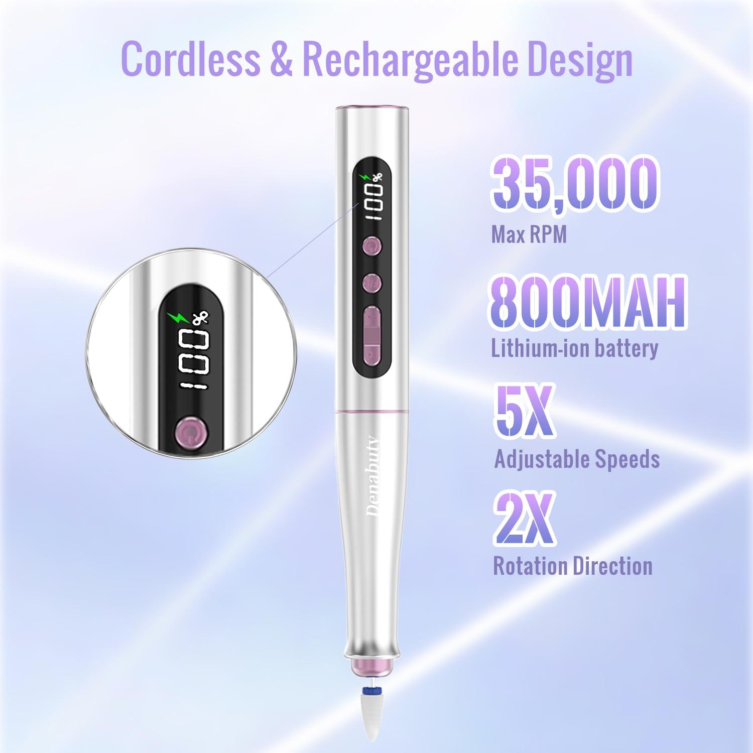 Denabuty Denabuty Cordless Electric Nail Drill Machine, 13 in 1 Nail File Kit 35000RPM Professional Portable Rechargeable E File for Acrylic Polish Gel Removal Manicure Pedicure Set with 5 Speeds DN-2402