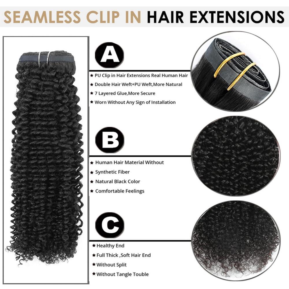 Kiss darling LASHES Seamless Clip In Pu Hair Extensions for Women, 4c Curly Mongolian Kinky Curly PU Clip Ins Human Hair Extensions Skin Weft Full Head 8\"inch 120g