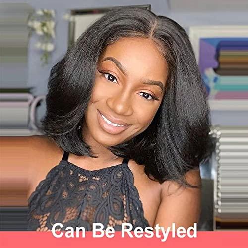 oulaer Brazilain Kinky Straight Human Hair Wigs For Black Women 13x6 Yaki Straight HD Transparent Lace Front Human Hair Wig Glueless Natural Hairline Pre Plucked Short Bob Wig 150% Density 8Inch