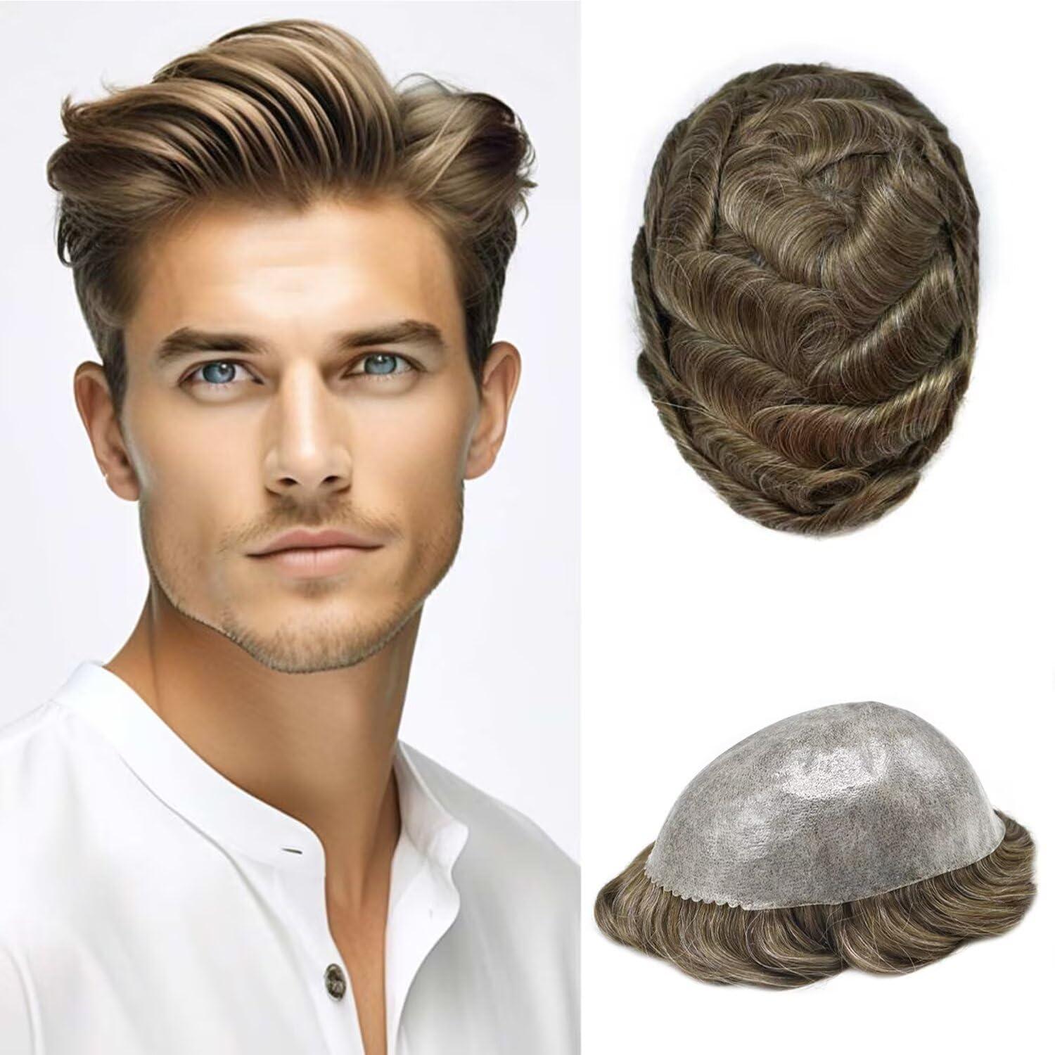 Generic Toupee for men All Poly Human Hair Replacement System Full PU Injected Mens Toupee Hair Piece 0.1mm Thin Skin Male Hair Prosthesis Hair Units Wig 110% Density, 1730