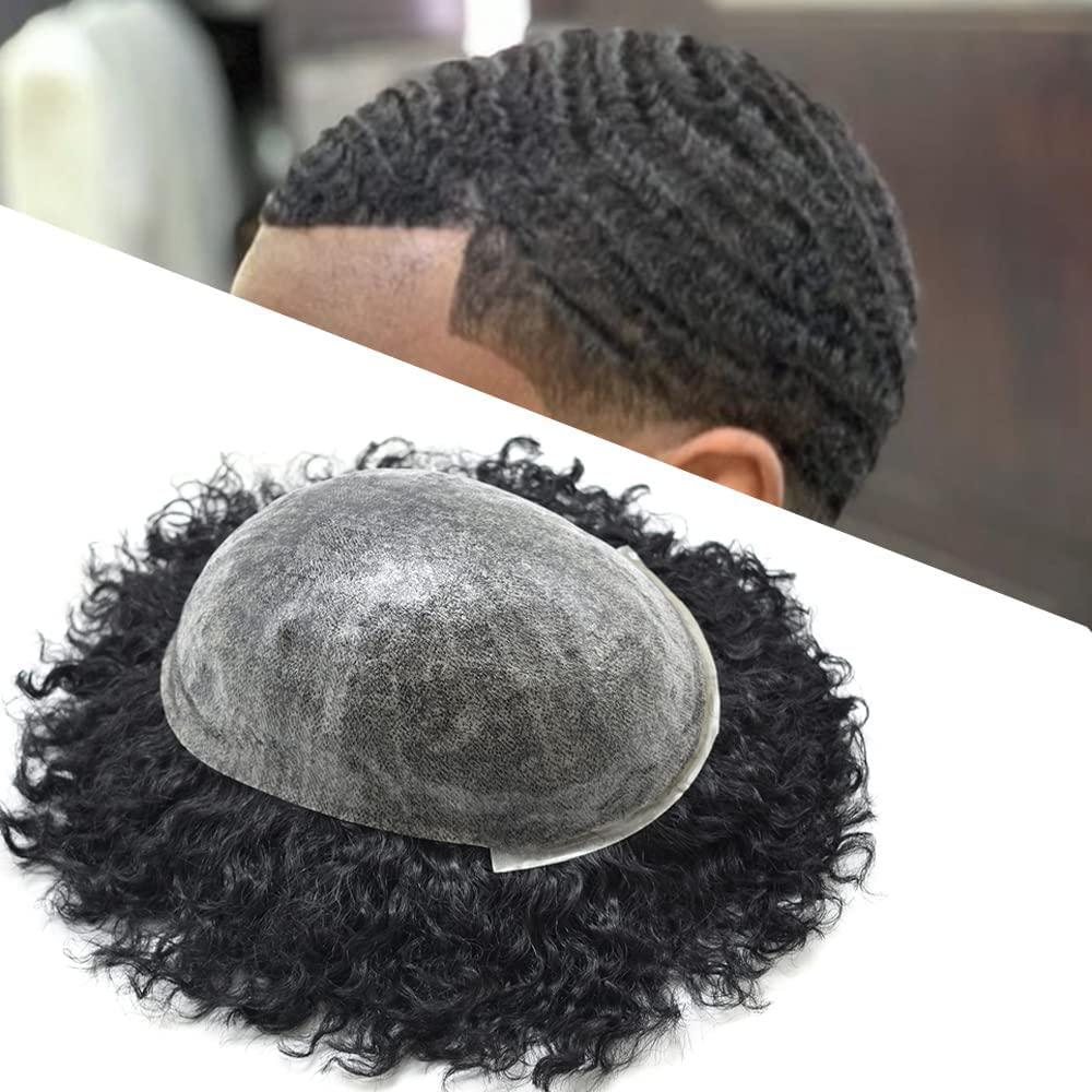 Generic Afro Mens Toupee Full Pu Injection Man Weave Thin Skin Hair Unit 100% Virgin Human Kinky Curly Hair Replacement Units for Black Men (8\'\'x10\'\', 1B# OFF BLACK-14mm wave)