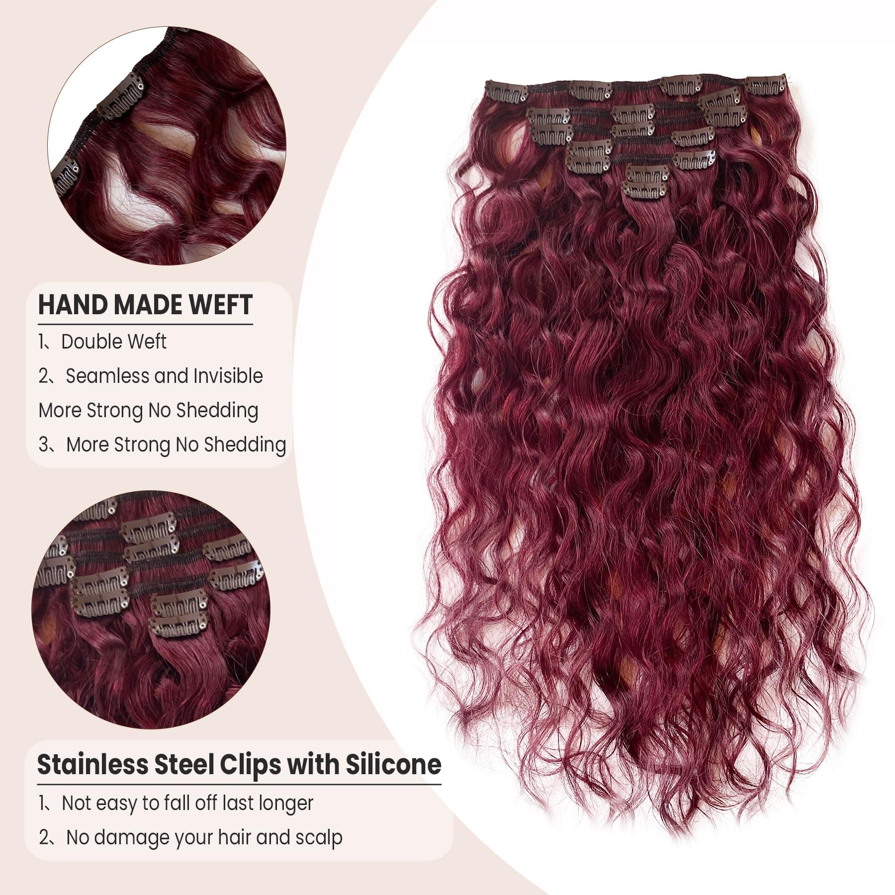 Blonlier Burgundy Clip in Hair Extensions, Clip in Hair Extensions Human Hair 70G 7PCS Long Wavy Curly Clip in Hair Extensions for Women 18 Inch Long Remy Real Hair Hairpieces for Daily Party Use