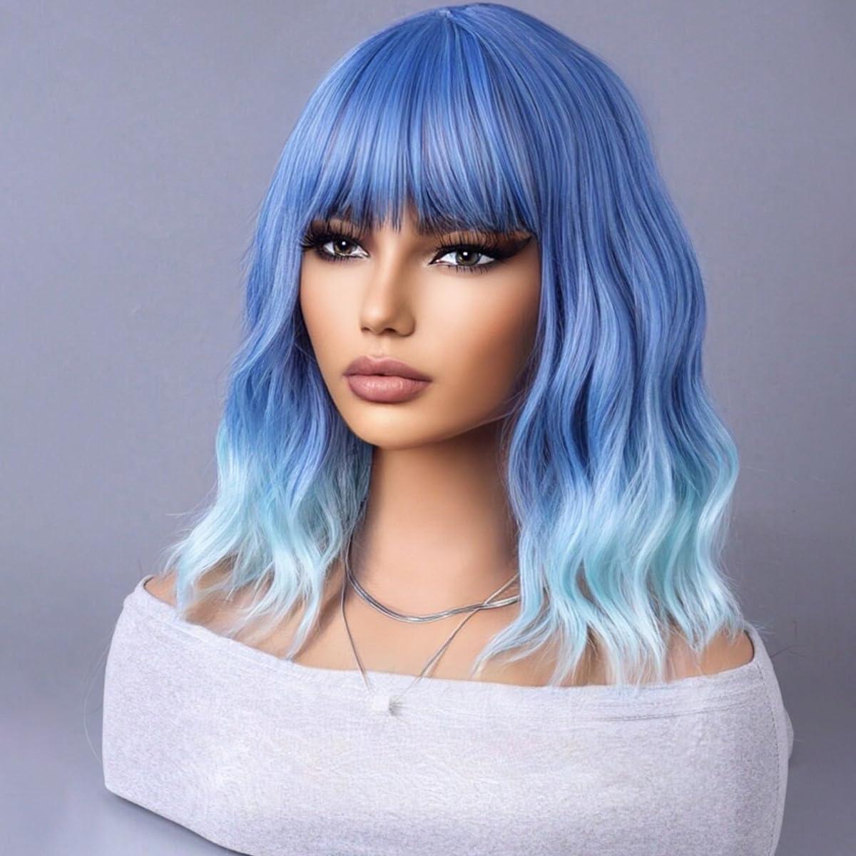 WTHCOS WTHCOS Blue Ombre Short Bob Wig Blue to Light Blue Wig Short Curly Wavy Wig With Bangs for Women Ombre Blue Wig Heat Resistant Synthetic Hair Wigs for Daily Use Cosplay Wig With Wig Cap