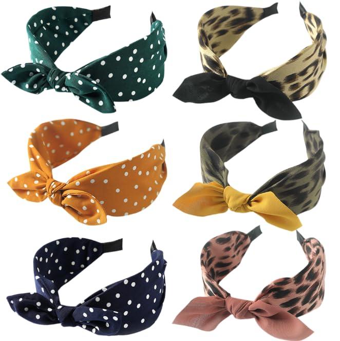 HUANMAYE HUANMAYE 6Pcs Boho Headband for Women Knotted Bow Hairbands Fabric Elastic Hair band Accessories Rabbit Ear Hair Bands Wide Turban Headwraps for Adult Women (6RBow)