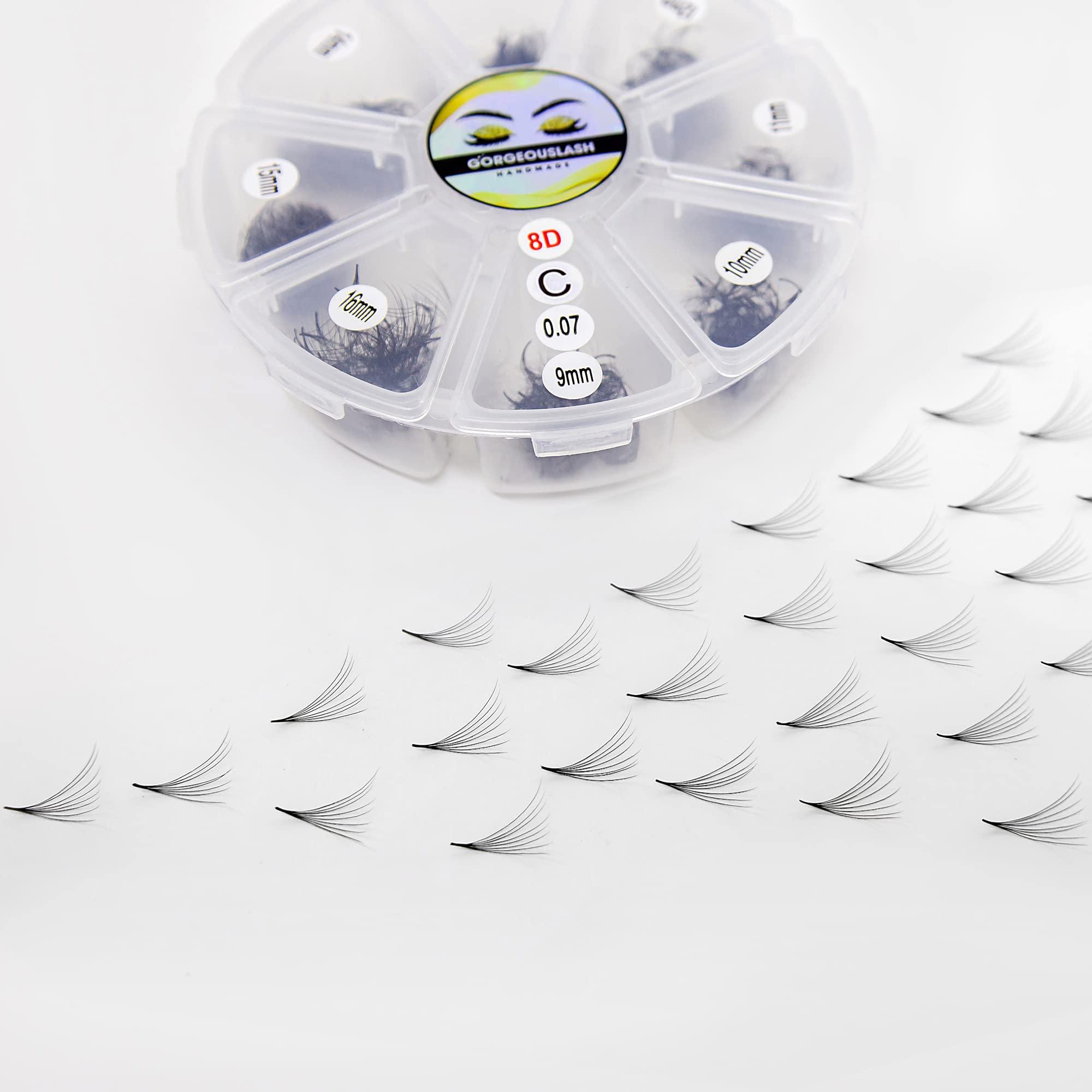 GorgeousLash Mixed Length 8D Lashes, Premade Volume Lash Fans, Eyelash Extensions. Handmade! (C Curl - 0.07, 09 to 16mm)