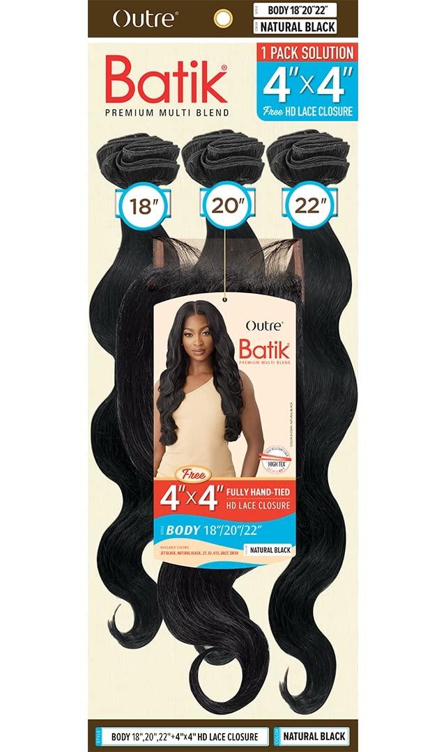 Outre Outre Batik Fully Hand-Tied HD Lace Closure Yaki Wavy Style Multi-Blend Synthetic Hair Weaves - BODY 18\" 20\" 22\" + 4x4 HD LC (NBLK)