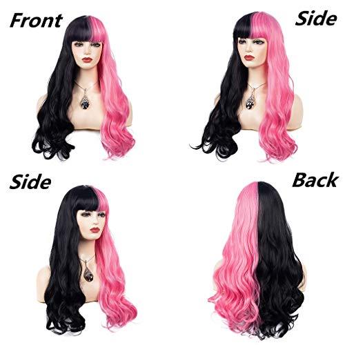 Beweig Beweig Half Pink Half Black Wavy Wigs Long Curly Wavy Split Synthetic Wig with Bangs Halloween Cosplay Wigs for Women