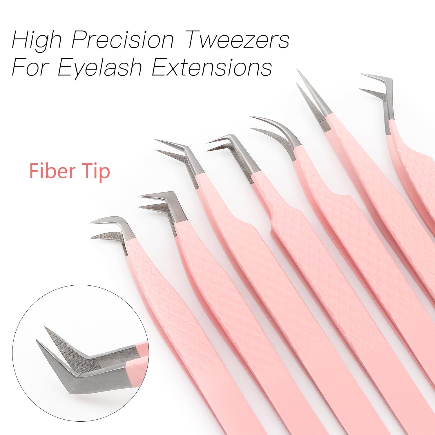 XIUSUZAKI Lash Tweezers For Eyelash Extensions Fiber Tip Lash Tweezers Pink Straight/Curved Lash Extension Tweezers Eyelash Tweezers Professional Tweezers For Lash Extensions(Pink,X07)